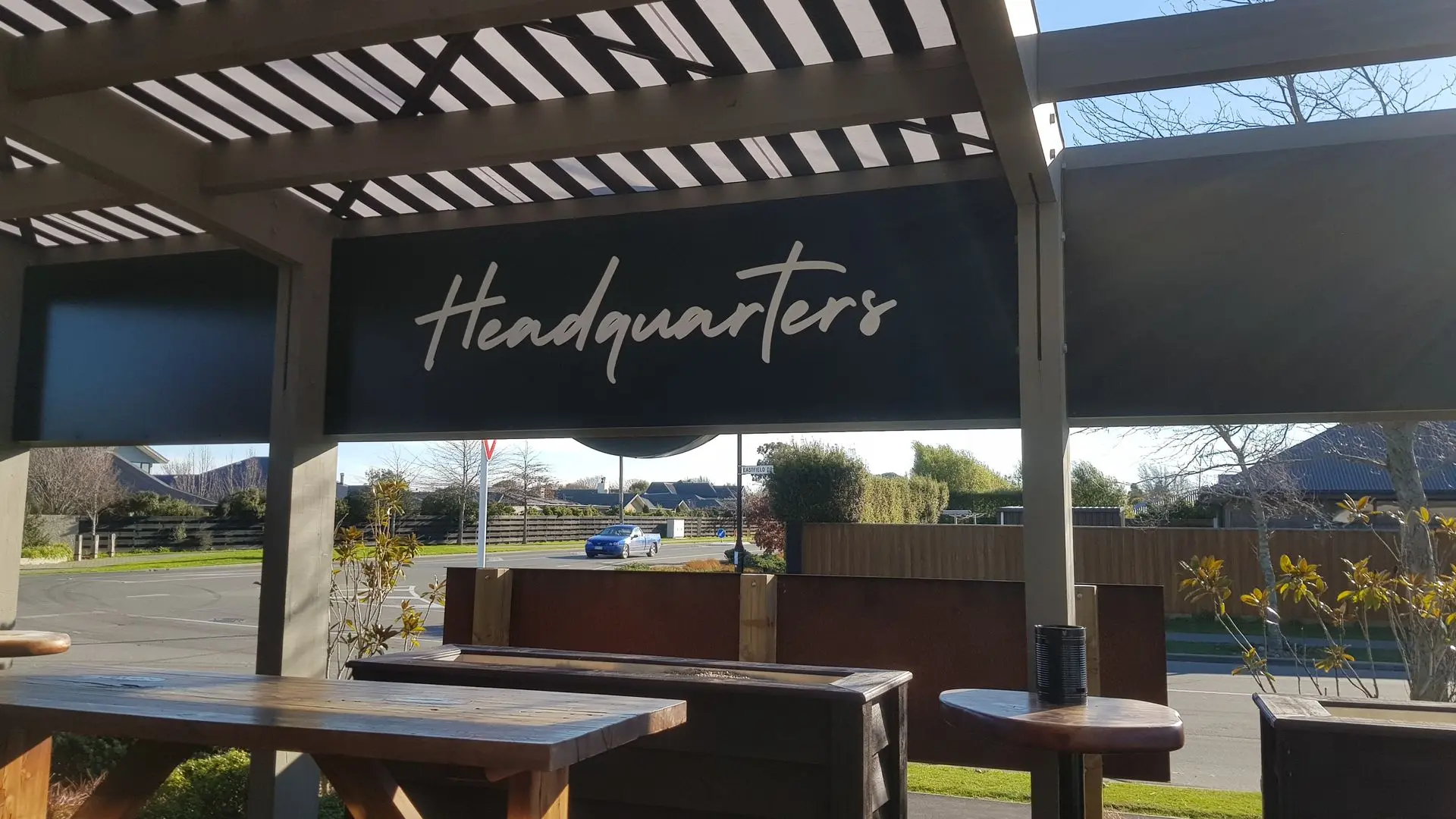 Exterior restaurant signage for Headquarters in Lincoln.