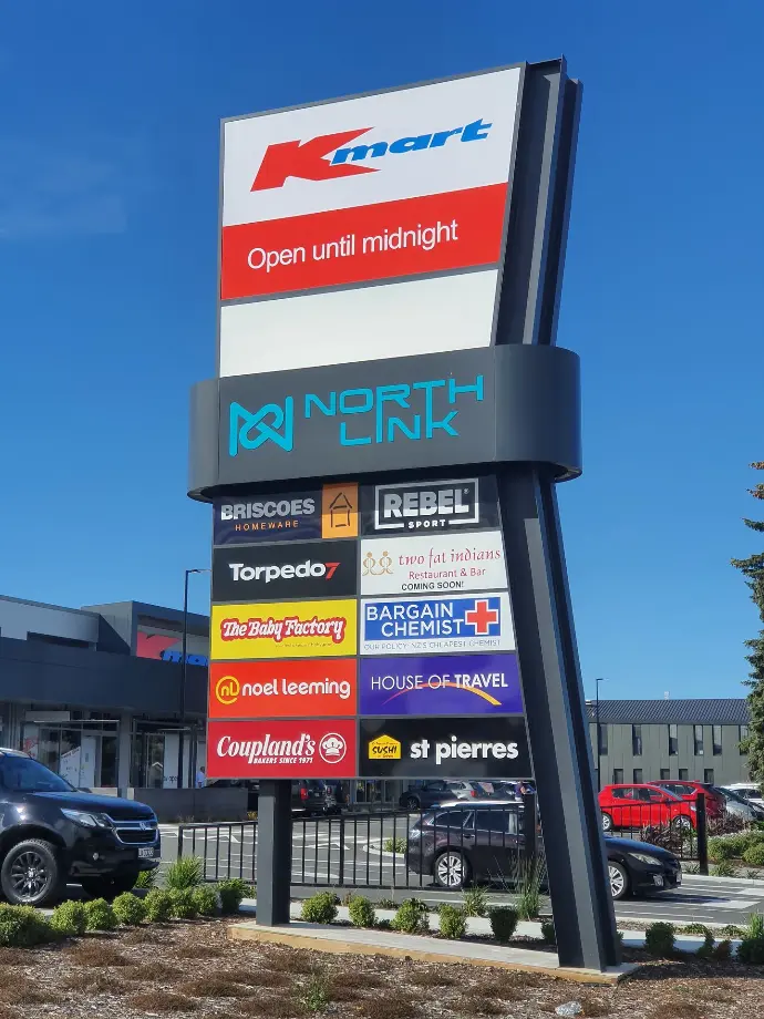 Roadside pylon signage for North Link commercial retail park with illuminated signs