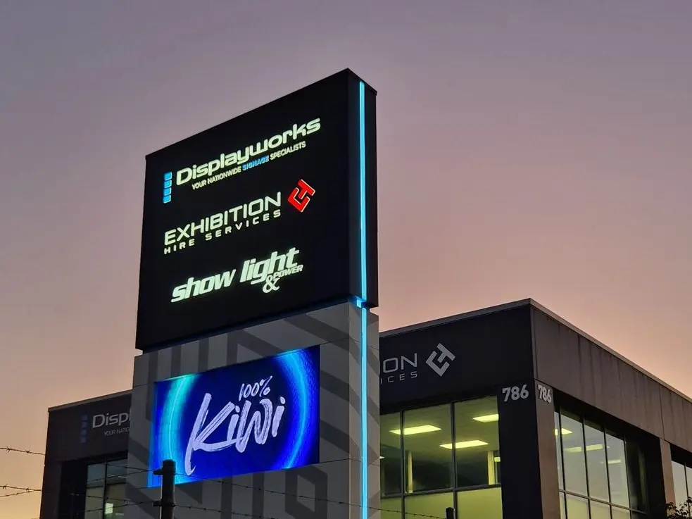 Weatherproof LED Screen embedded in a Pylon roadside sign outside Displayworks Christchurch