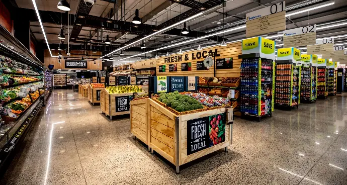 Large scale, national retail interior fit out for Fresh Choice Supermarkets - with custom wood panelling and 3D custom signage.