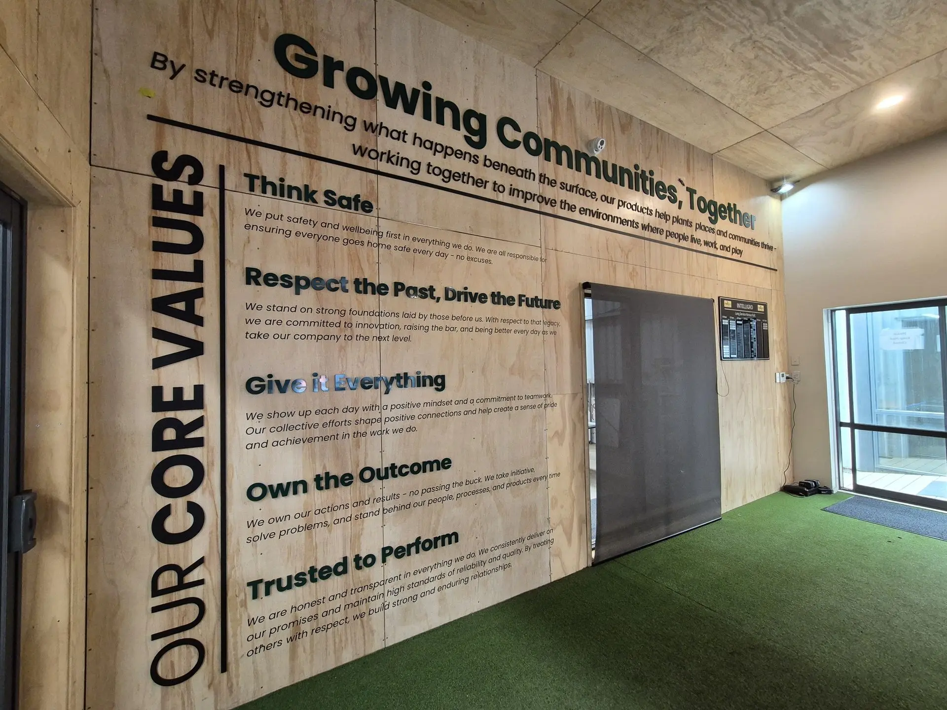 Internal 3d Lettering graphic covers entire wall at Intelligro main office, showcasing their core values. 