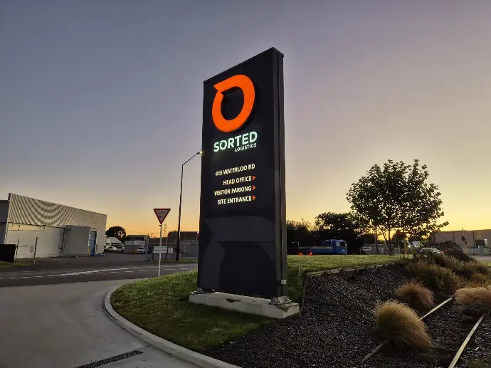 Illuminated roadside pylon at site entrance for Sorted Logistics - Signs by Displayworks