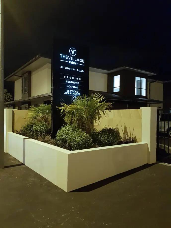 Iluminated plinth outside a retirement village and hospital on a main road, ensuring high visibility for residents and visitors